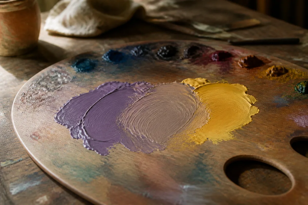 Palette de peintre où se mélangent un violet rompu et un jaune, sur une table d&rsquo;atelier baignée de lumière latérale