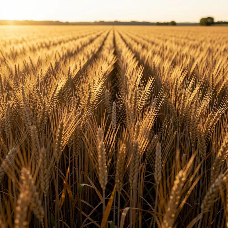 Champ de blé traversé par la lumière rasante du soleil couchant, ombres allongées