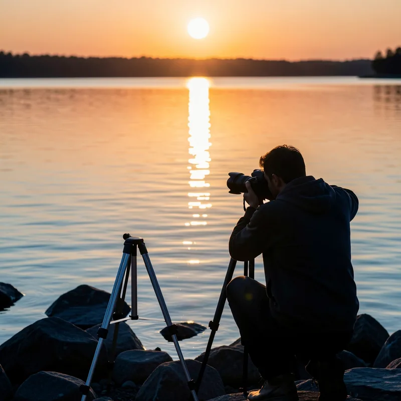 Photographe de dos réglant son appareil sur trépied face au soleil bas, bord de lac