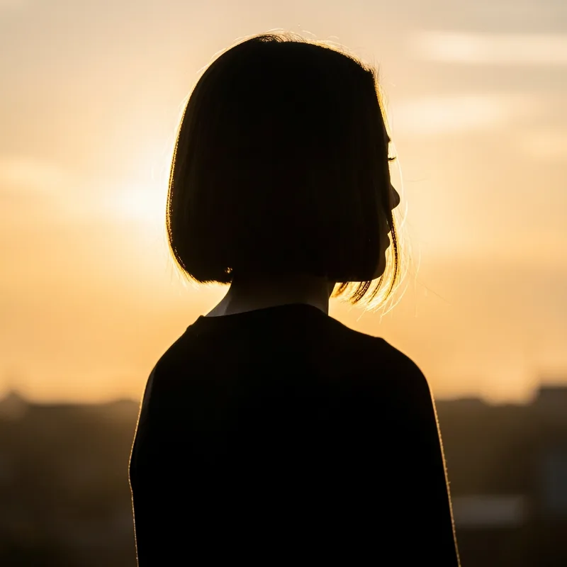 Portrait à contre-jour, silhouette cernée d&rsquo;un liseré lumineux orange au coucher du soleil