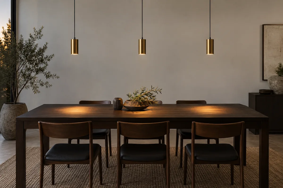 Trois petites suspensions cylindriques identiques alignées et régulièrement espacées au-dessus d’une longue table rectangulaire