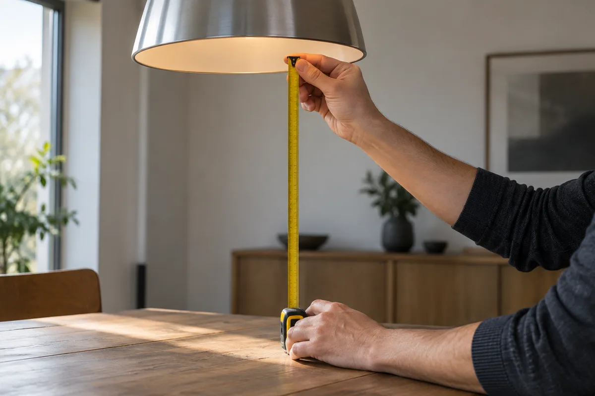 Mains dépliant un mètre ruban à la verticale entre le plateau d’une table et le bas d’un abat-jour de suspension