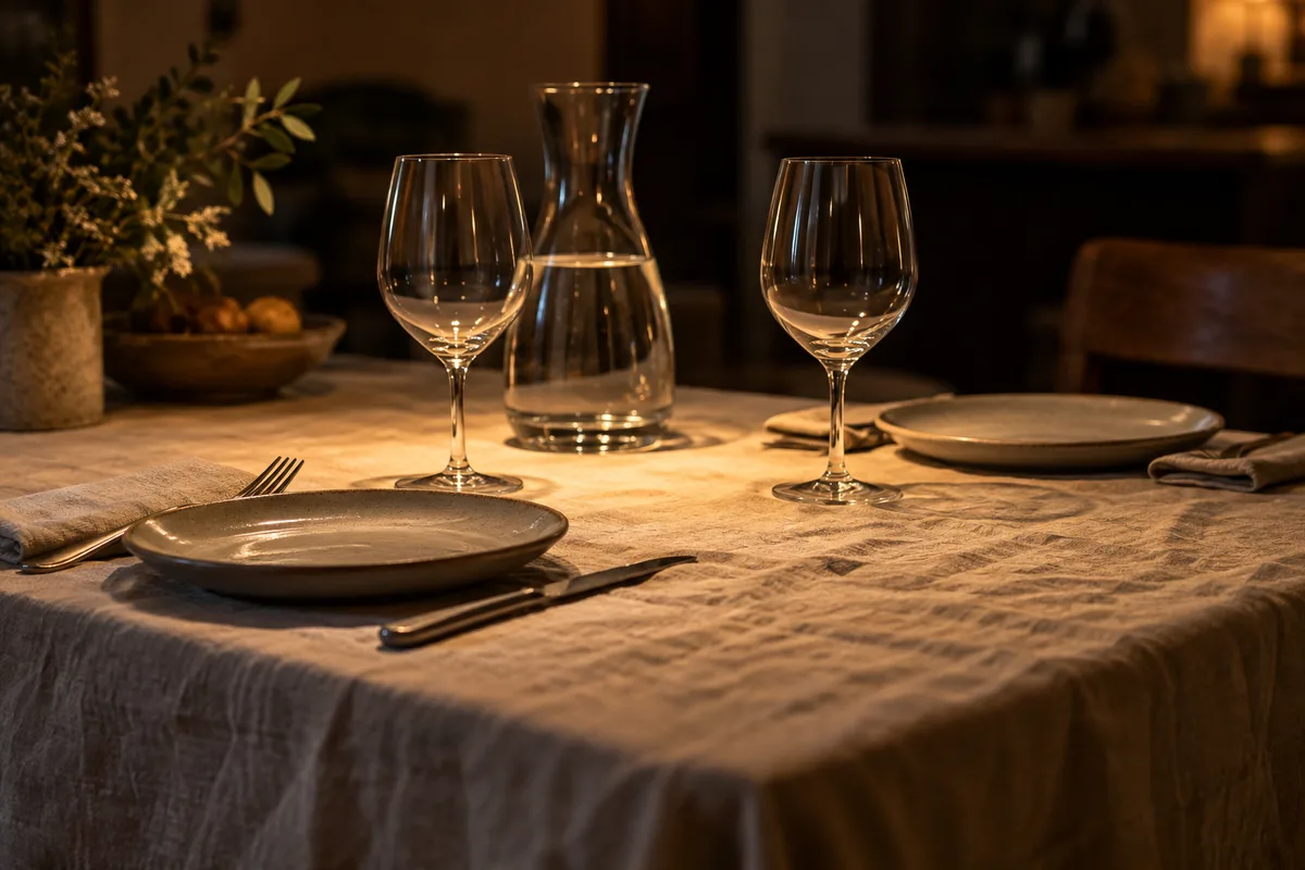 Lumière chaude rasante d’une suspension sur une nappe de lin froissée, verres et couverts posés